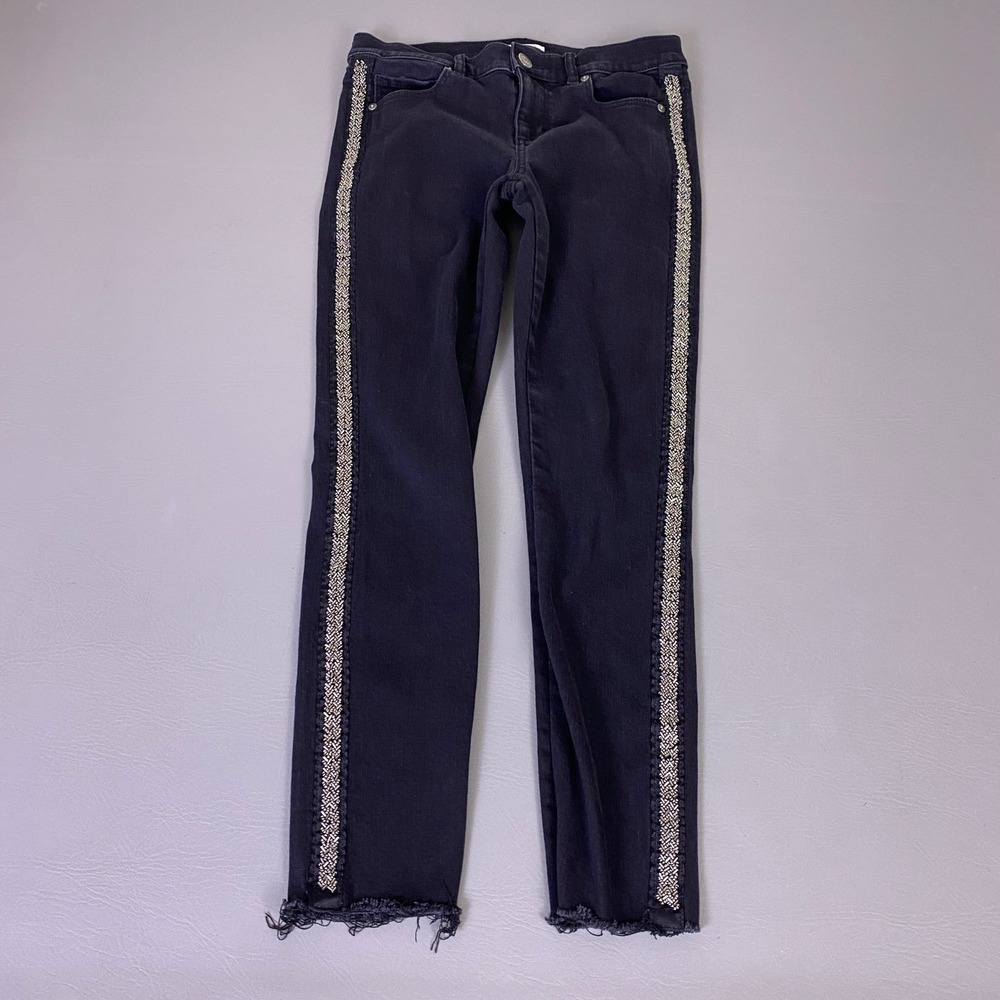 LOFT Womens Black Skinny Jeans‎ Size 4 27 Ankle  Beaded Side Stripe Raw Hem